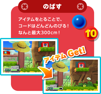 のばす アイテムをとることで、コードはどんどんのびる！なんと最大300cm！ アイテムGet!