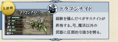 ドラゴンナイト 経験を積んだペガサスナイトが昇格する。弓、魔法以外の武器に圧倒的な強さを誇る。 ドラゴンナイト 経験を積んだペガサスナイトが昇格する。弓、魔法以外の武器に圧倒的な強さを誇る。