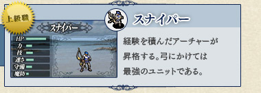 スナイパー 経験を積んだアーチャーが昇格する。弓にかけては最強のユニットである。 スナイパー 経験を積んだアーチャーが昇格する。弓にかけては最強のユニットである。