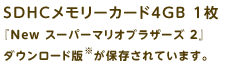 SDHCメモリーカード4GB 1枚『New スーパーマリオブラザーズ 2』ダウンロード版※が保存されています。