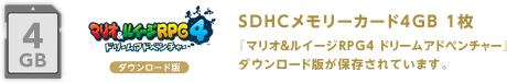 SDHCメモリーカード4GB 1枚 『マリオ＆ルイージRPG4 ドリームアドベンチャー』ダウンロード版が保存されています。