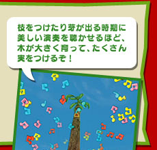 枝をつけたり芽が出る時期に美しい演奏を聴かせるほど、木が大きく育って、たくさん実をつけるぞ!